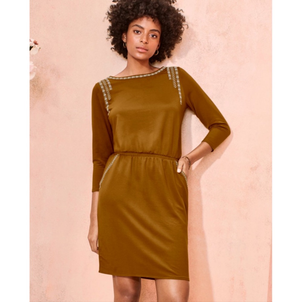 Garnet Hill Embroidered Pocket Dress Sz L Tencel Cinched Waist Brown 3/4 Sleeve